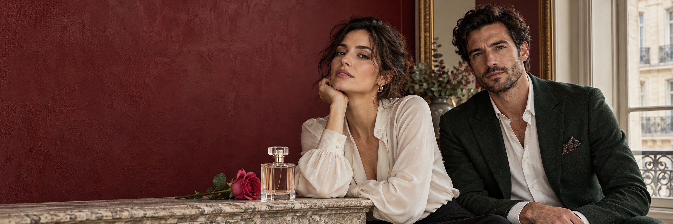 Original fragrance editorial featuring two fictional adult models